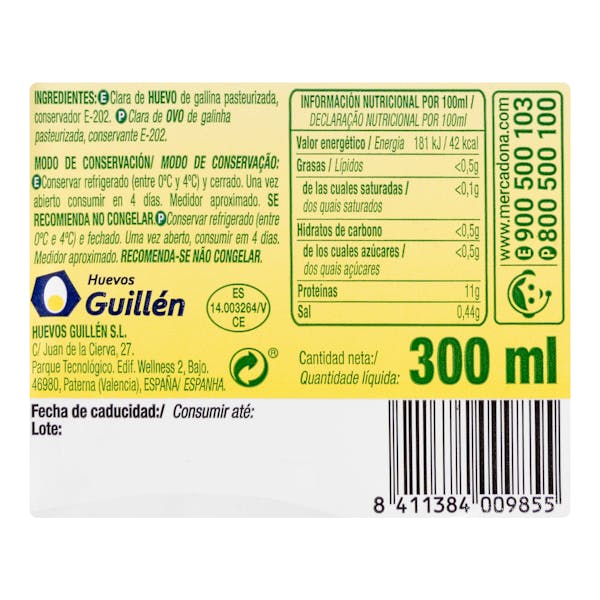 Claras de huevo líquidas pasteurizadas