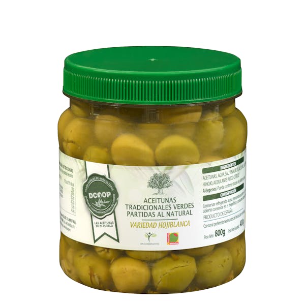 Aceitunas verdes tradicionales Dcoop partidas al natural