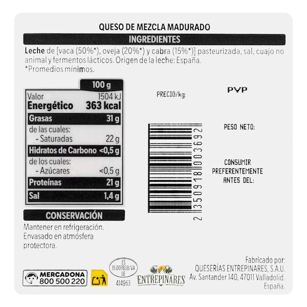 Queso tierno mezcla Hacendado cortado en cuñitas