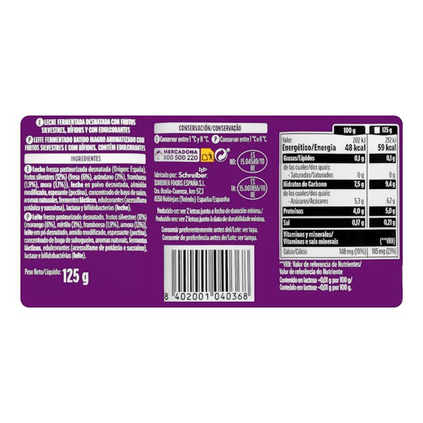 Bífidus con frutos silvestres probióticos Hacendado 0% MG 0% azúcares añadidos