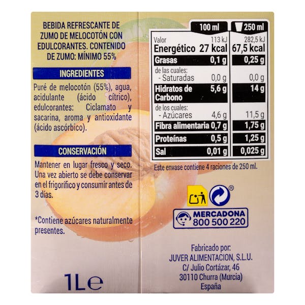 Bebida de melocotón Hacendado sin azúcares añadidos
