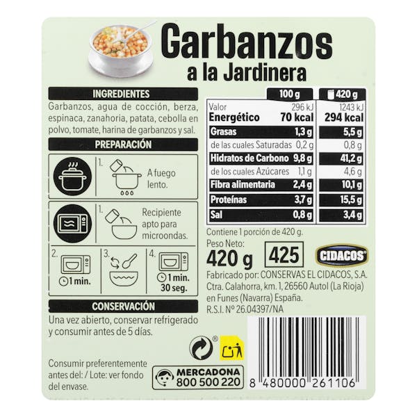 Garbanzos a la jardinera Hacendado