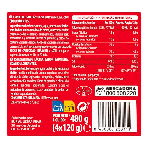 Natillas sabor vainilla +Proteínas Hacendado 12 g proteínas