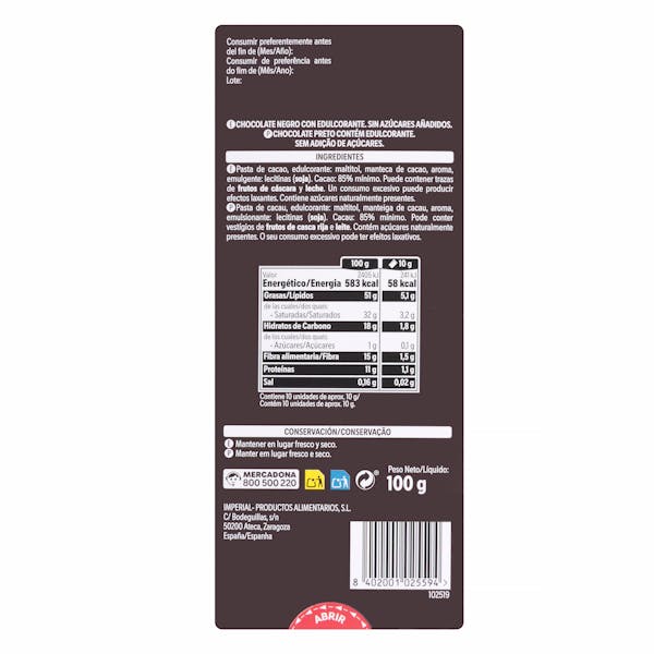 Chocolate negro 85% cacao extrafino y edulcorante Hacendado 0% azúcares añadidos