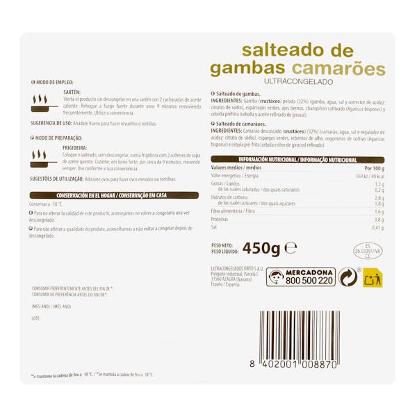 Salteado de gambas, espárragos verdes, ajos tiernos, champiñón y cebolla Hacendado ultracongelado