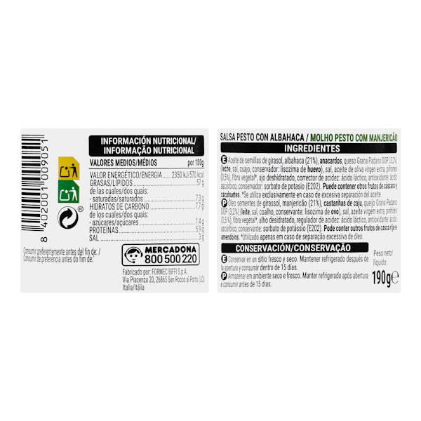 Salsa Pesto con albahaca Hacendado