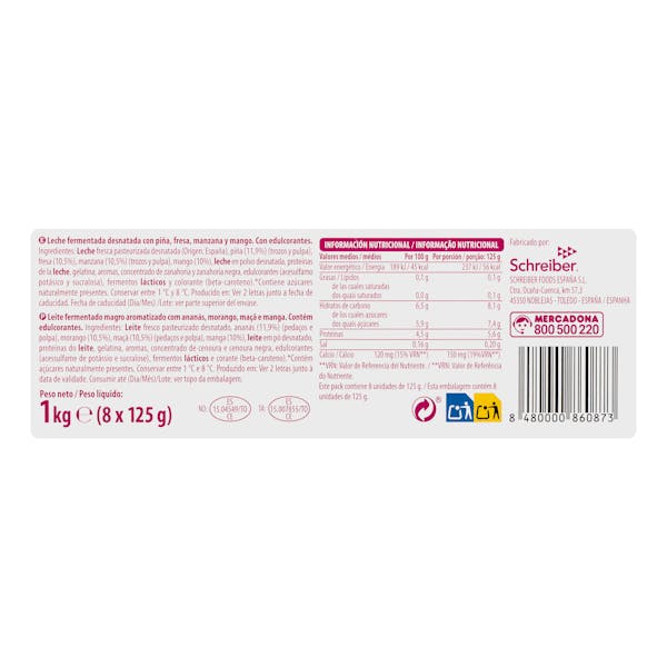 Postre lácteo con fruta Hacendado 0% MG 0% azúcares añadidos