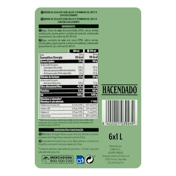 Bebida de soja con calcio y vitaminas sin azúcares añadidos Hacendado