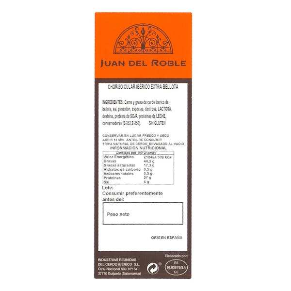 Chorizo de bellota ibérico extra cular Juan del Roble
