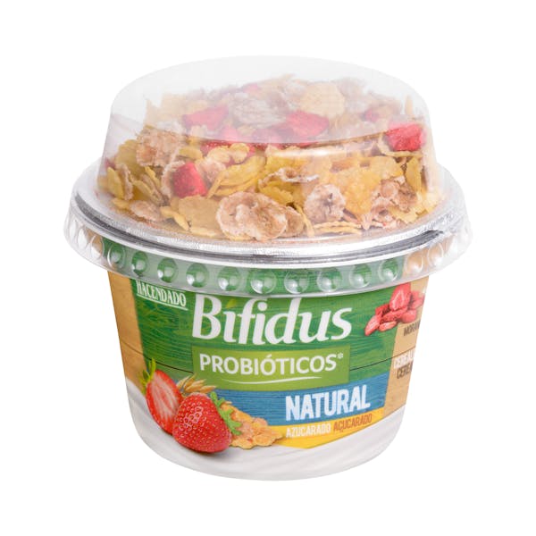 Bífidus natural probiótico azucarado Hacendado con cereales y fresas deshidratadas