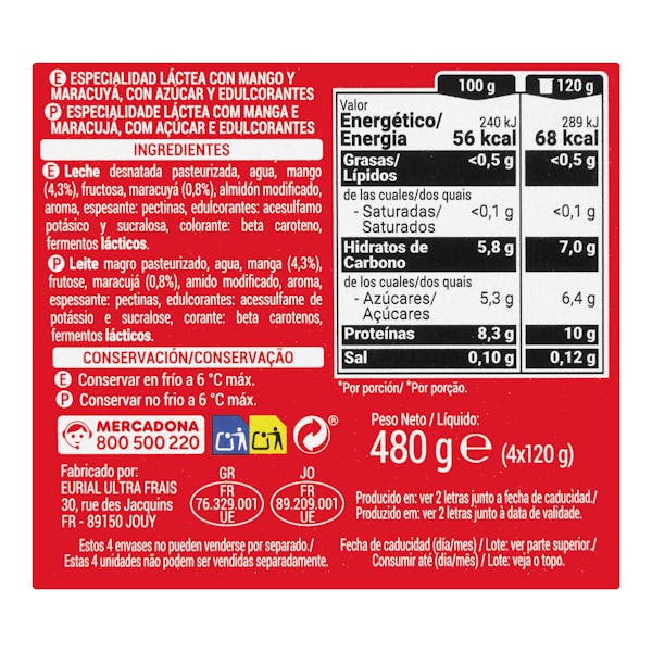 Postre lácteo con puré mango y maracuya +Proteínas Hacendado 0% MG 10 g proteínas