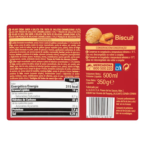Helado Biscuit Hacendado sabor galleta caramelizada