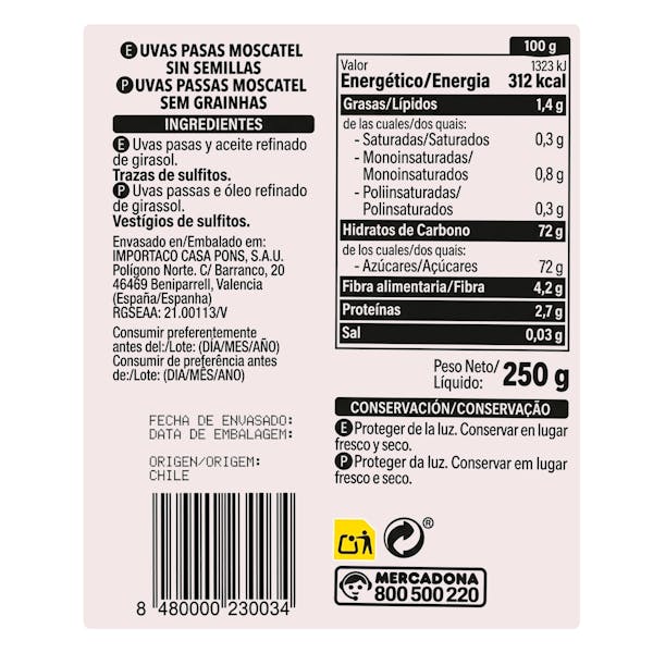Pasas moscatel sin semillas Hacendado
