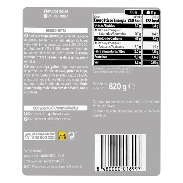 Pan de molde blanco rebanada gruesa Hacendado