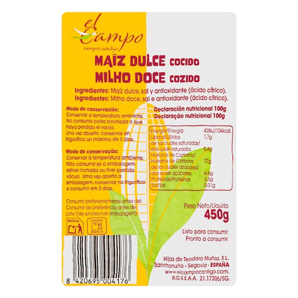 Maíz dulce en mazorca cocido