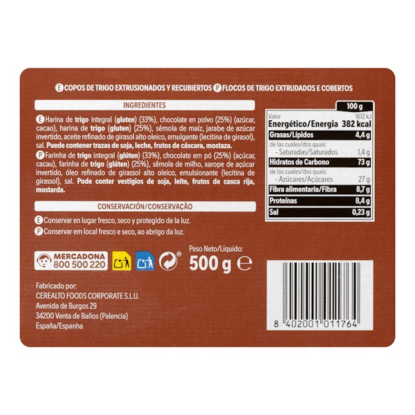Cereales copos de trigo Chocodays Hacendado con chocolate