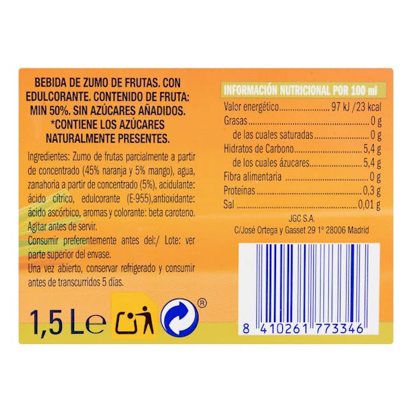 Bebida de zumo de naranja, mango y zanahoria La Verja sin azúcares añadidos