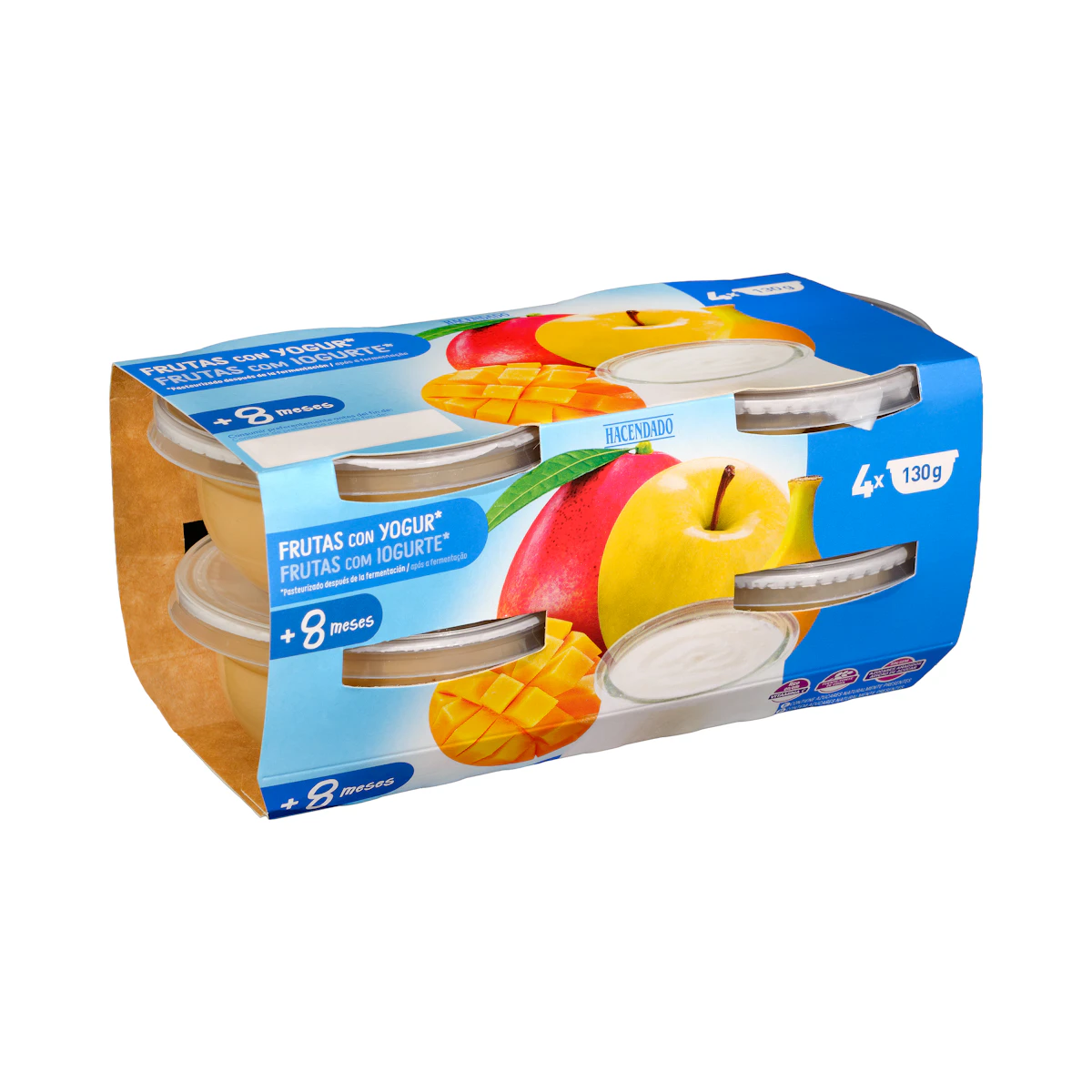 Papilla tres frutas con yogur Hacendado +8 meses – Mercadona – صورة إعلانية للمنتج