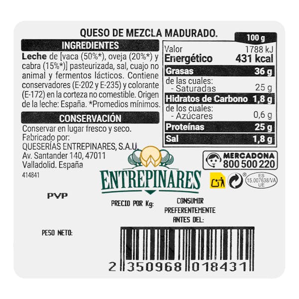Queso curado mezcla Hacendado