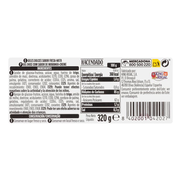 Golosinas tubos Hacendado sabor fresa y nata