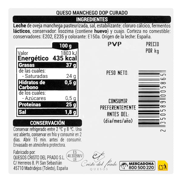 Queso curado DOP manchego de oveja Hacendado