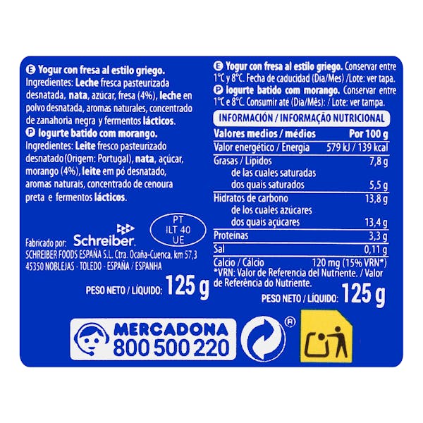 Yogur griego sabor fresa Hacendado