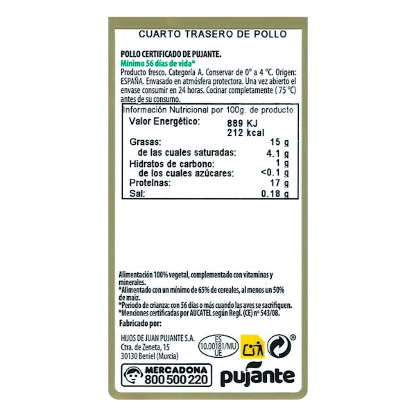 Cuartos traseros de pollo certificado alimentado con un 50% de maíz