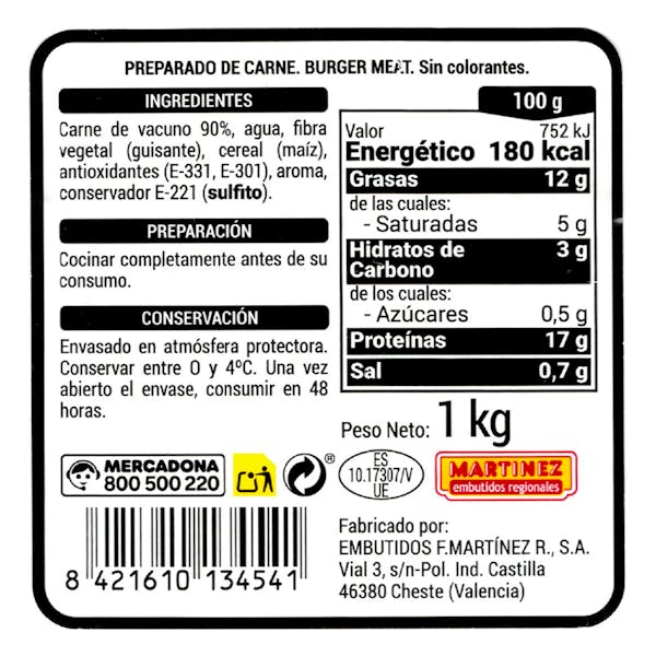 Preparado de carne picada vacuno