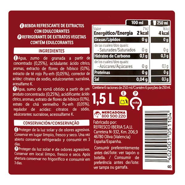 Refresco té rojo Zero Hacendado sabor frutos rojos, hibisco y granada