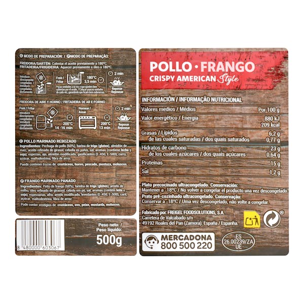 Pollo marinado rebozado Crispy American Style Hacendado ultracongelado