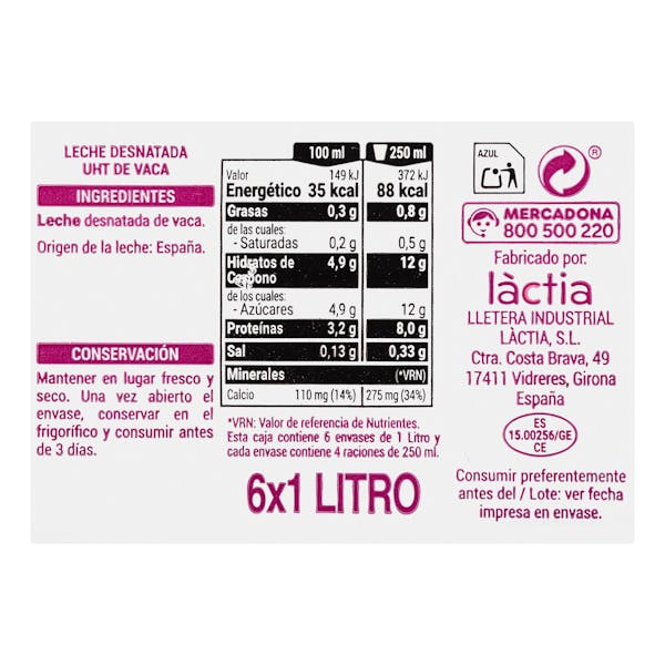 Leche desnatada Hacendado