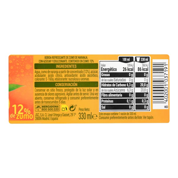 Refresco sin gas de naranja Hacendado