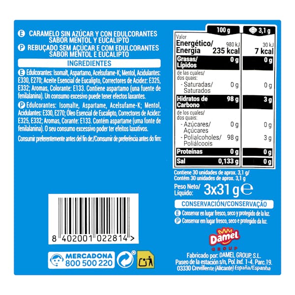 Caramelos sabor eucalipto y mentol Hacendado 0% azúcares