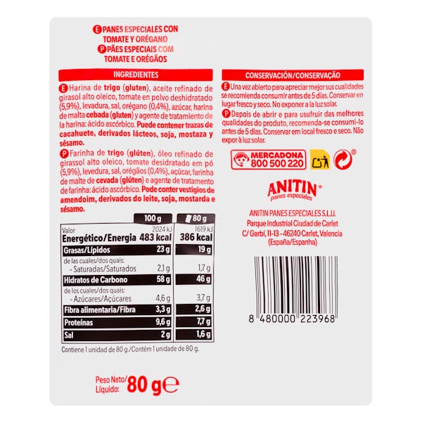 Panes especiales con tomate y orégano Hacendado