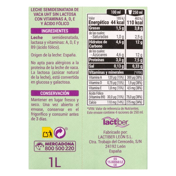 Leche semidesnatada sin lactosa Hacendado