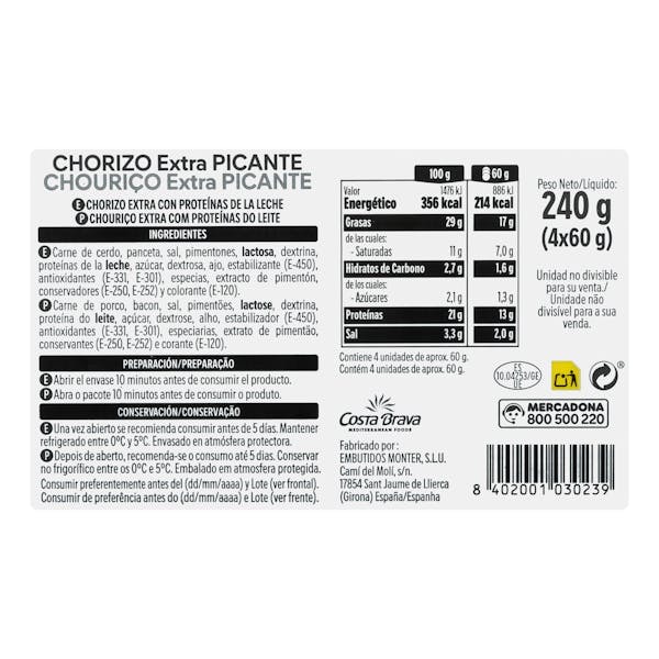 Chorizo picante extra Hacendado lonchas