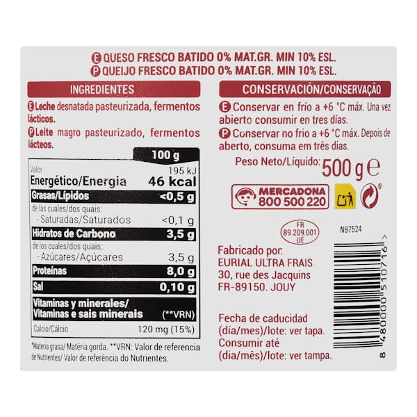 Queso fresco batido desnatado 0% MG Hacendado