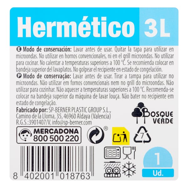 Recipiente hermético de plástico rectangular 3L Bosque Verde