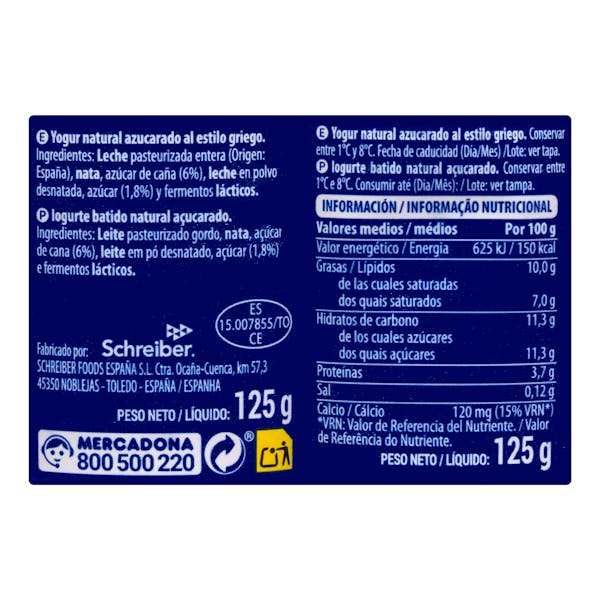 Yogur griego natural Hacendado con azúcar de caña