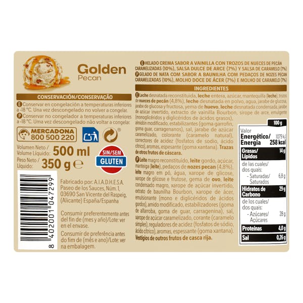 Helado golden pecan Hacendado sabor vainilla con trozos de nueces de pecán, salsa dulce de arce y caramelo