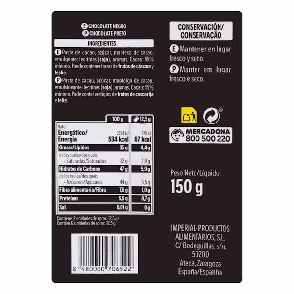 Chocolate negro 55% cacao Hacendado