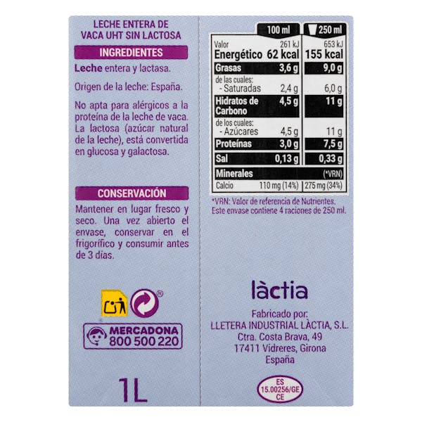 Leche entera sin lactosa Hacendado