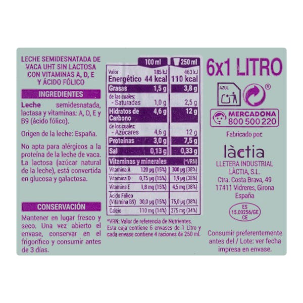 Leche semidesnatada sin lactosa Hacendado