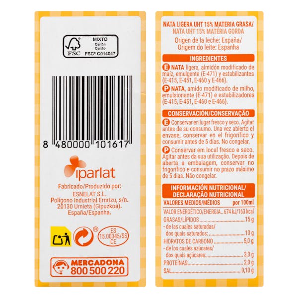 Nata ligera para cocinar Hacendado
