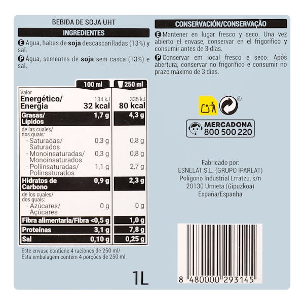 Bebida de soja 0% azúcar Hacendado