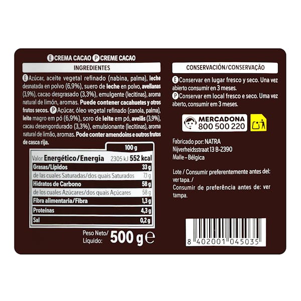 Crema al cacao con avellanas Hacendado de 2 sabores