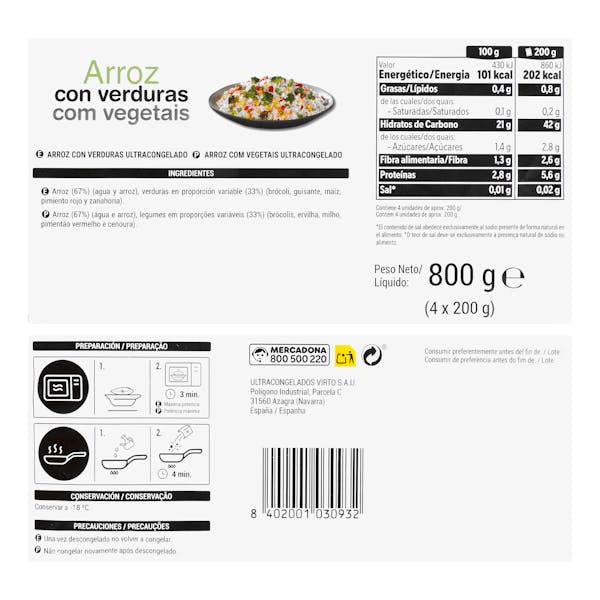 Arroz con verduras para microondas Hacendado ultracongelado