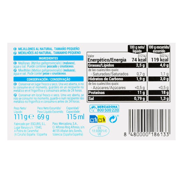 Mejillones al natural Hacendado pequeños