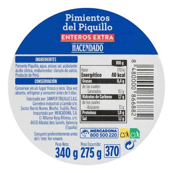 Pimientos del piquillo enteros Hacendado extra