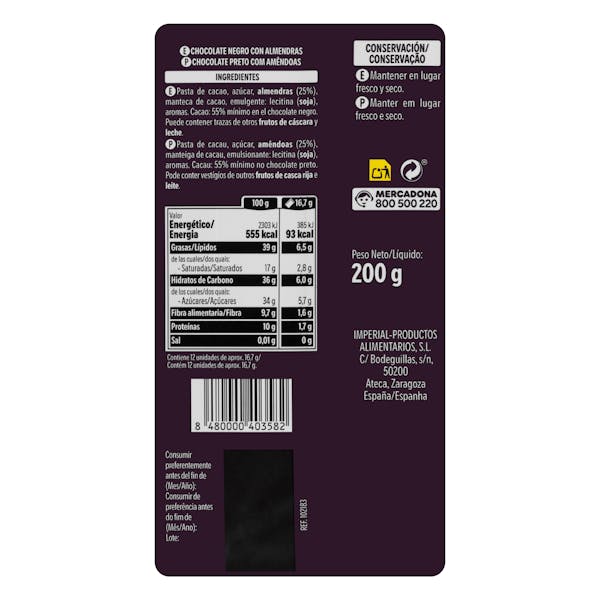 Chocolate negro 55% cacao Hacendado con almendras